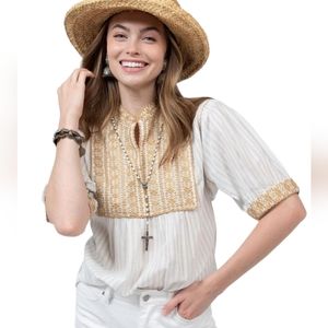 Sister Mary Embroidered White Tan Neutral Sandy Blouse Women's Size Medium